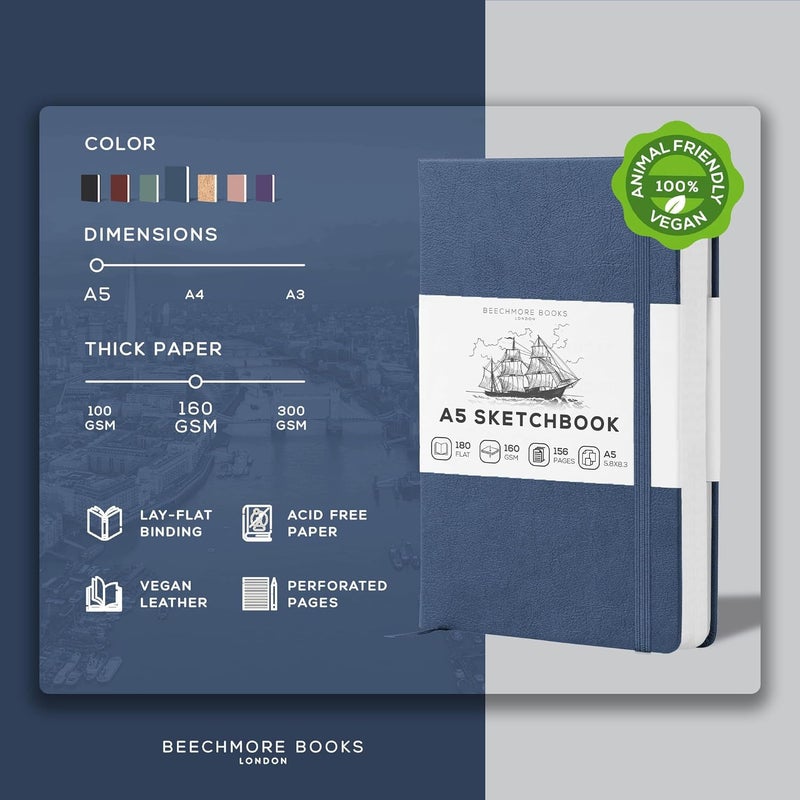 Beechmore Books دفتر رسم A5 – 5.8x8.3 جلد فاخر نباتي كبير مع 156 صفحة سميكة 160gsm بيج كريم مثقبة، دفتر رسم فارغ، صندوق هدايا، جيب خلفي، علامة مرجعية - Image 2